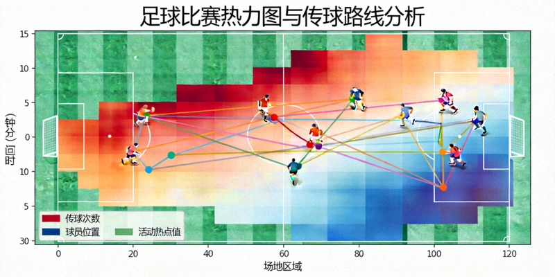 足球比赛热力图与传球路线数据分析可视化图表